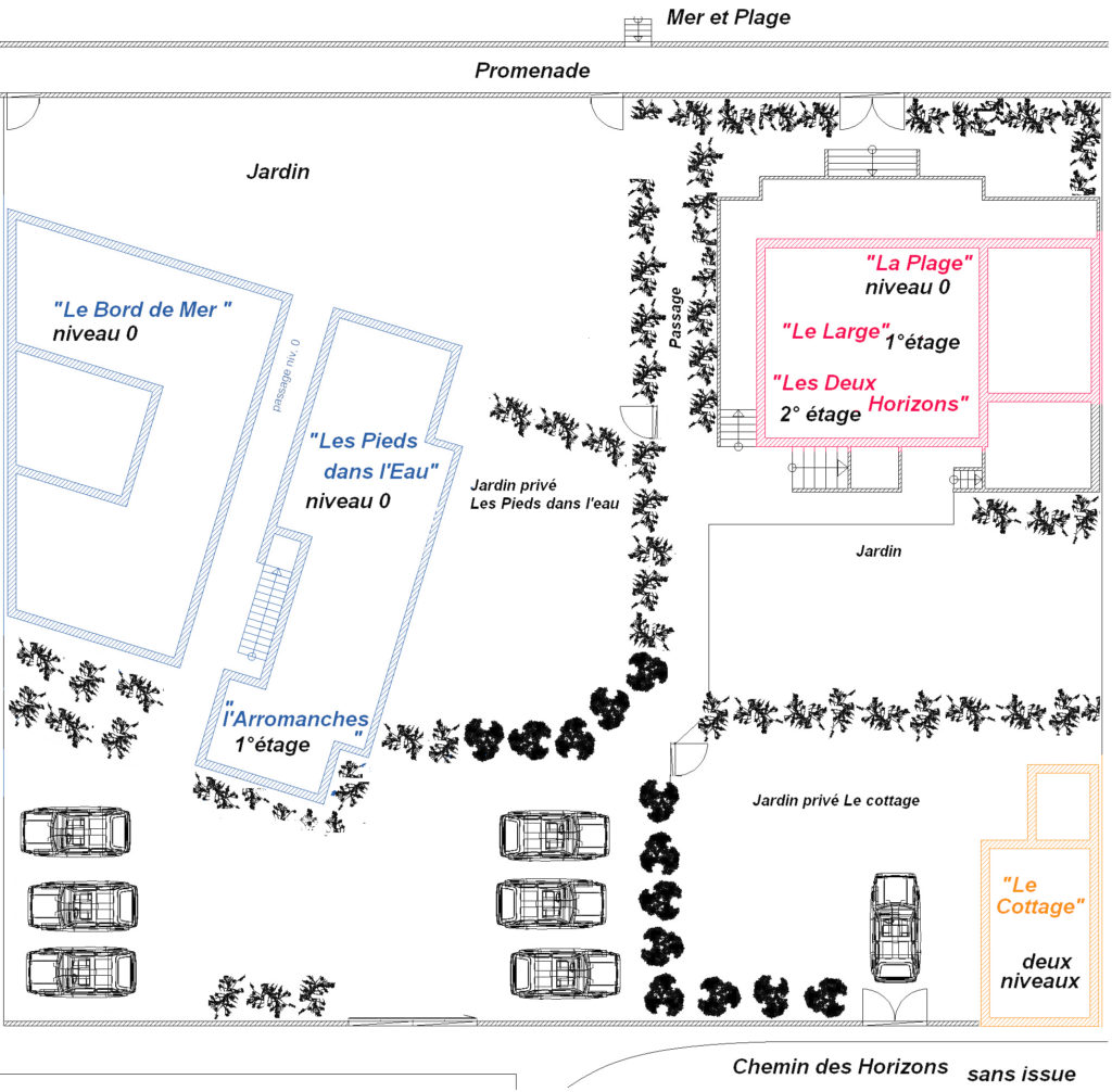 Mathan Manor Plan og Gîtes i Asnelles, med have, adgang til stranden og parkeringssteder.