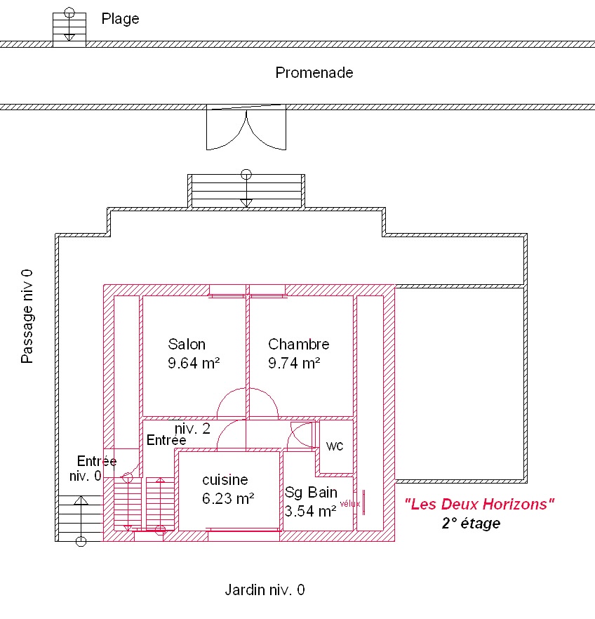 Plan du Gîte &quot;Les Deux Horizons&quot; i Asnelles, med en stue, et soveværelse, et køkken og adgang til haven.