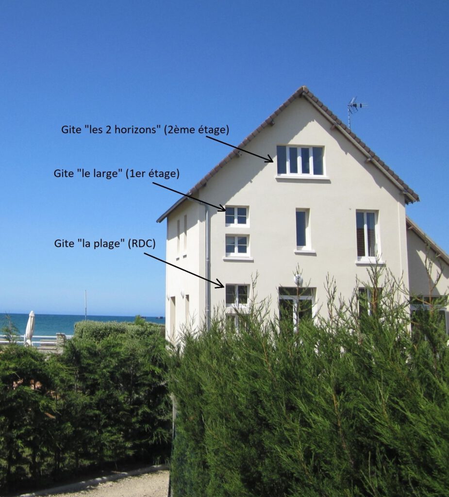 Udsigt til logierne i Asnelles, med &quot;The Beach&quot; i stueetagen &quot;, havet&quot; på første sal og &quot;de 2 horisonter&quot; i det andet.