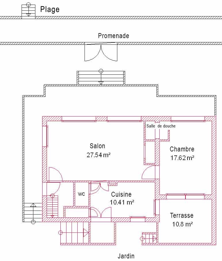 Plan for huset &quot;Le Cottage&quot; med stue, køkken, soveværelse, brusebad, terrasse og have, 50 meter fra stranden.