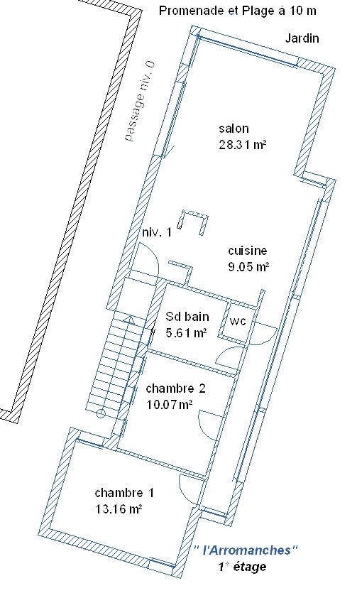Plan du gîte &quot;le cottage&quot; i Asnelles: stue, køkken, 2 soveværelser, badeværelse, have, nær stranden.