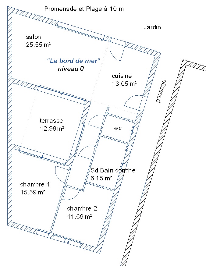 Planlæg på jorden af ​​Gîte &quot;Le Bord de Mer&quot; i Asnelles, der viser dele og dimensioner. Direkte adgang til stranden.