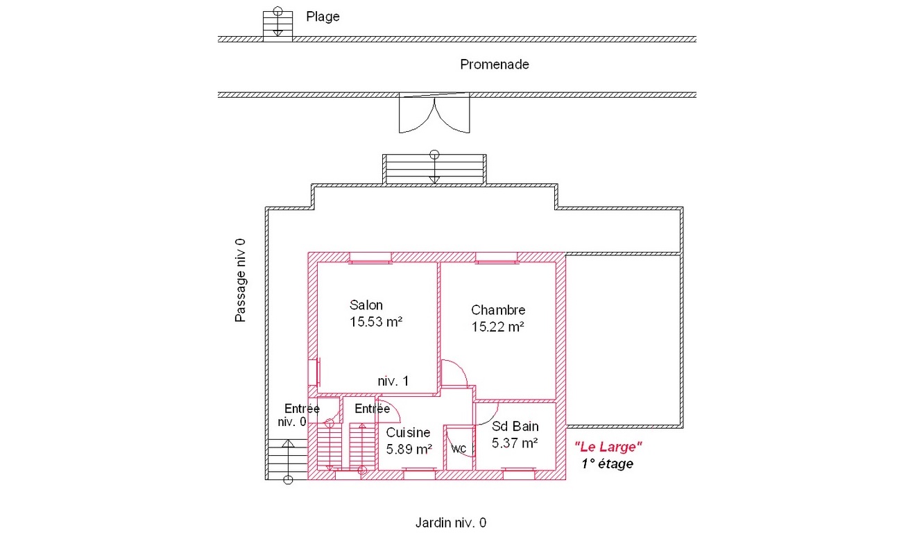 Plan of a gîte &quot;Le Large&quot; in Asnelles, with living room, bedroom, kitchen and bathroom, close to the beach.