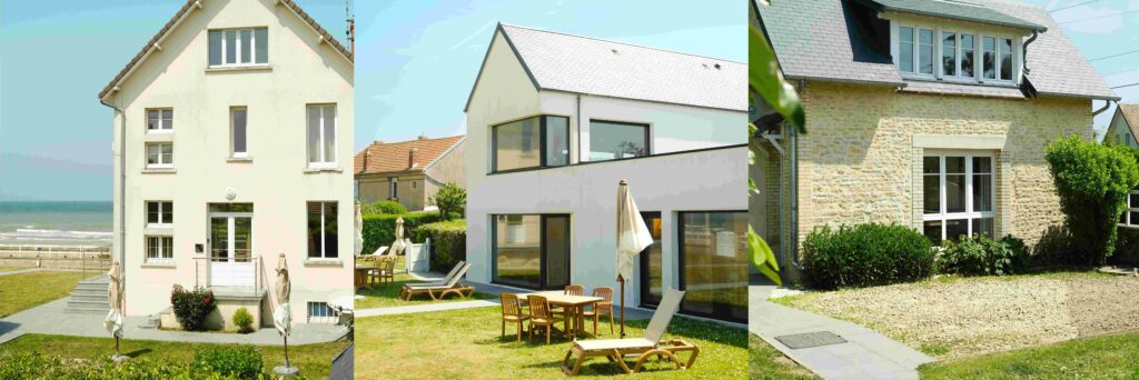 Three lodgings in Asnelles, offering modern comfort, garden and direct access to the beach. Panoramic view of the sea.